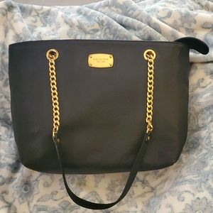 Authentic Michael Kors Black Soft Pebble Leather Tote Bag Gold Chain